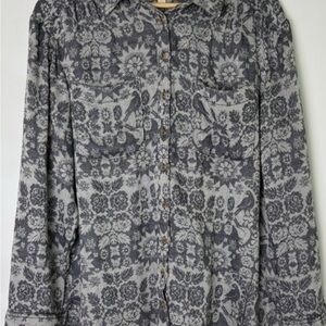 Pilcro Anthropologie Blue Gray Floral Bird Button Down Shirt